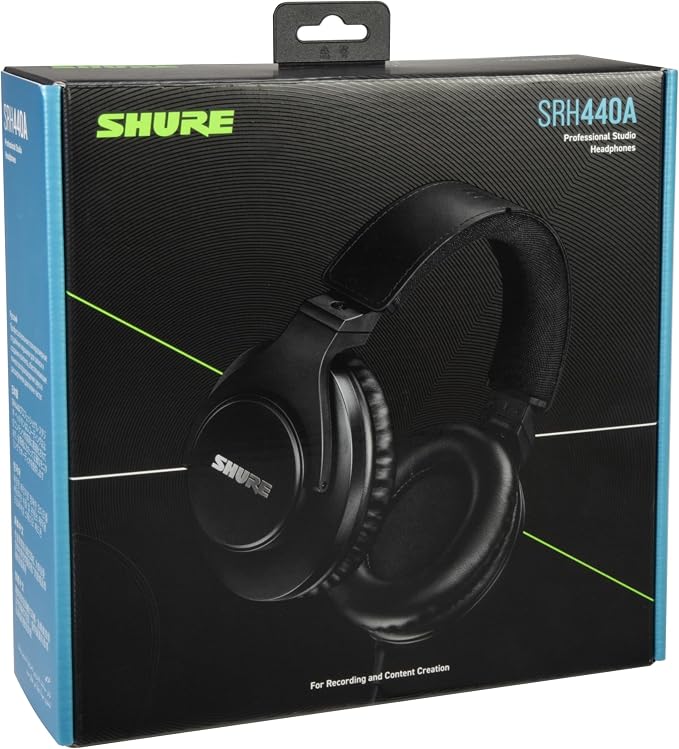 Shure SRH440A Over-Ear Wired Studio Headphones – Professional Monitoring & Recording Earphones with Accurate Frequency Response, Adjustable Collapsible Design, Black