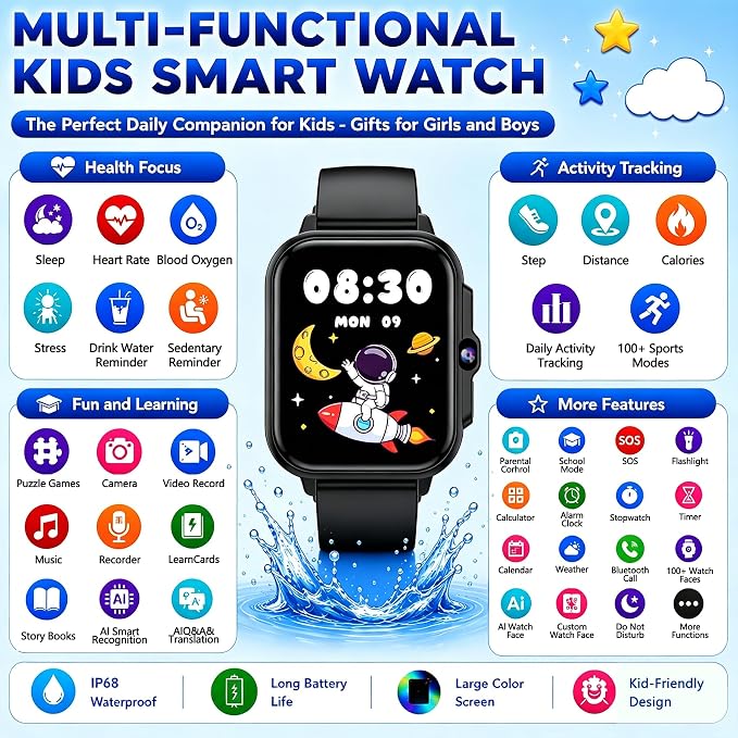 Smart Watch for Kids, 1.85" Fitness Tracker with Camera, Game, Music, SOS, AI, Alarm Clock, Video,Parent Control, 24/7 Heart Rate Sleep Monitor, 100+ Sport Modes, IP68 Waterproof, Gifts for Boys Girls