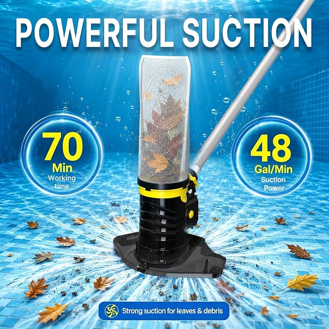 83GPM Big Rechargeable Pool Leaf Vacuum with 5-Section Pole, Cordless Pool Skimmer for Above-Ground & In-Ground Pools, Includes Standard & Fine Filter Bags for Leaves & Debris