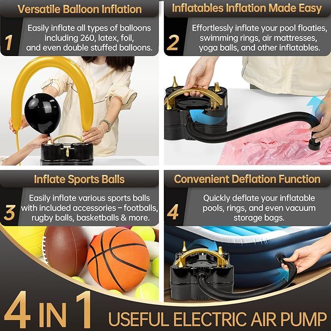 Bezente Balloon Pump Electric, 3-in-1 Portable Black Gold Electric Air Machine Balloon Pump Dual Nozzle Balloon Inflator for Inflatables and Latex 260q Foil Balloons