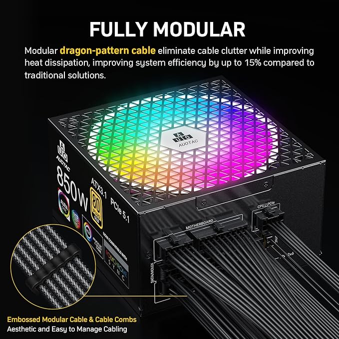 850W Fully Modular Power Supply, 80+ Gold Certified PSU, ATX 3.1 & PCIe 5.1 Ready, 12V-2x6 Native Connector, 140mm RGB Low-Noise Smart Fan, 105℃ Japanese Capacitors, Black