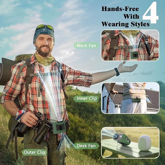 10000mAh Portable Waist Fan, Rechargeable Battery, 40H Max Runtime, 5 Speeds 16000RPM Strong Airflow, Hands-Free Neck Fan, Personal Wearable Shirt Belt Clip Fan for Outdoor, Jobsite, Camping (Green)