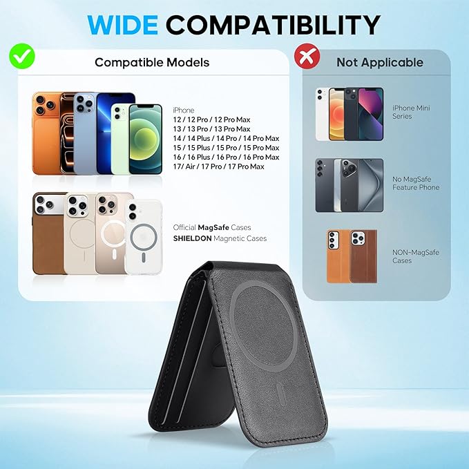 SHIELDON Genuine Leather Strong Magnetic Wallet for MagSafe, Phone Wallet Stand for Men Women, 6 Card Holders, Angle Adjustment, RFID Blocking, Compatible with iPhone 17/16/15/14/13/12 Series - Black