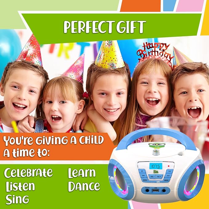 TinyGeeks Tunes Kids Boombox CD Player for Kids - NEW 2023 - FM Radio - Batteries Included - Cute white Radio cd Player with Speakers for Kids and Toddlers - Blue