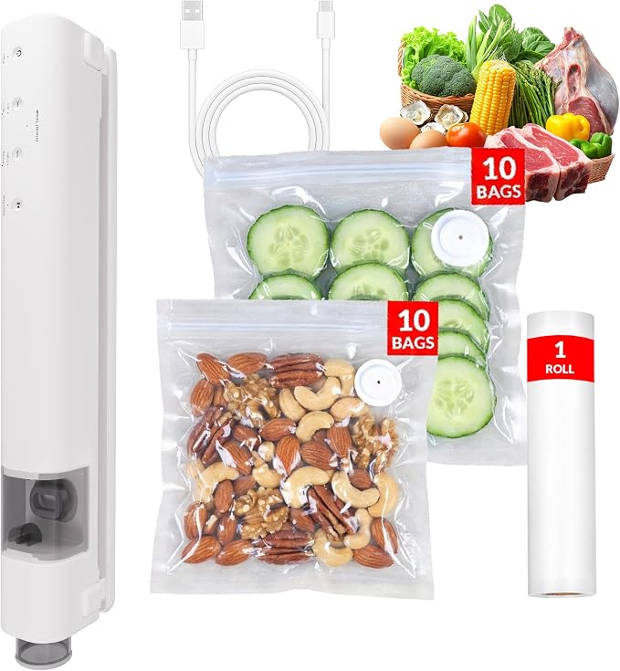 2-in-1 Handheld & Countertop Compact Vacuum Sealer for Food, 60kPa Powerful Handheld Vacuum Sealer with 20 Reusable Bags & 1 Vacuum Roll Bags, Magnetic Back — Sticks to Your Fridge
