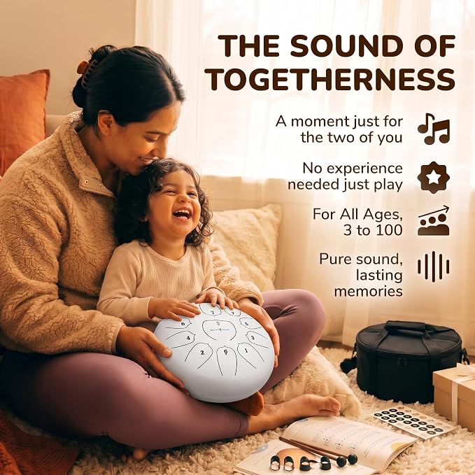 Balmy Drum Steel Tongue Drum 10 inch 11 Notes 440Hz, Handpan Drum with Music Book, Mallets, Carry Bag, Finger Picks, Rain Drum for Outdoor, Meditation Yoga Calming Instruments for Adults Kids (White)