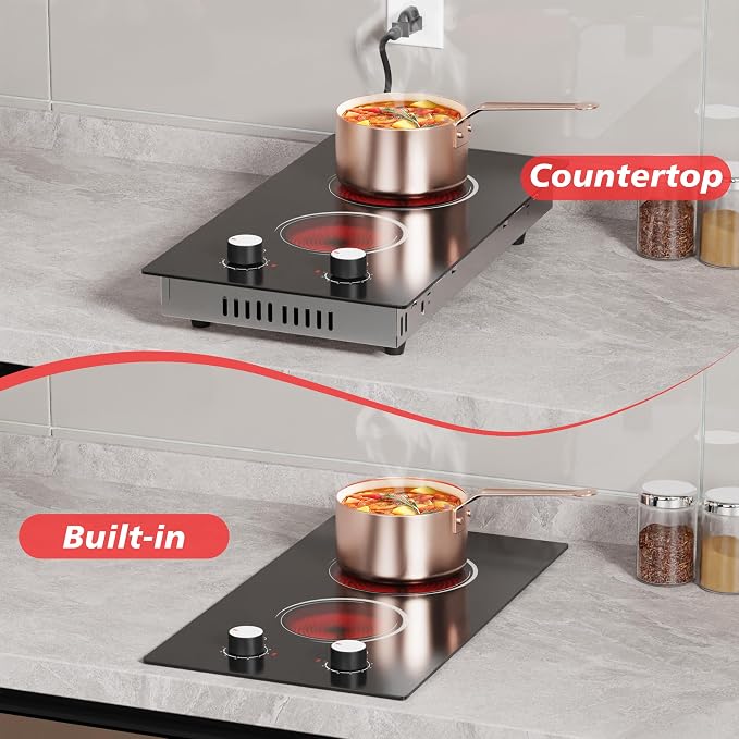 Electric Cooktop 2 Burner, 110V Electric Stove Top 2000W with Knob Control, 12 Inch Electric Radiant Cooktop Countertop & Built-in, Residual Heat Indicator, Over-Heat Protection, Plug in