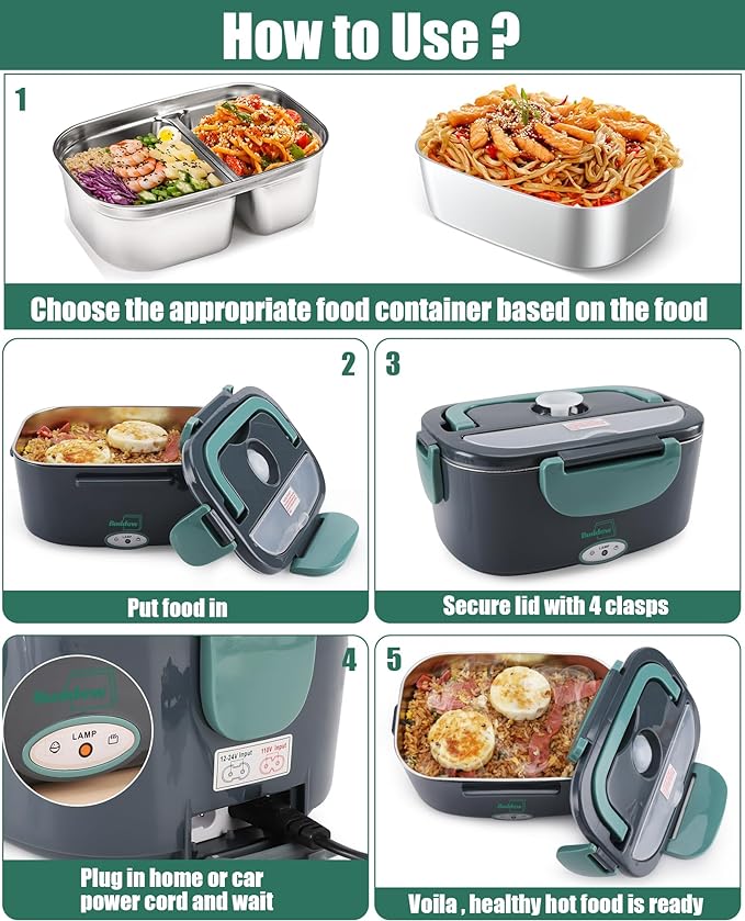 Buddew Electric Lunch Box 80W Food Heater with Dual Container, Portable Lunch Warmer for Adults, Upgraded Heated Lunch Box for Car/Truck/Office (GREEN-Dual Container)