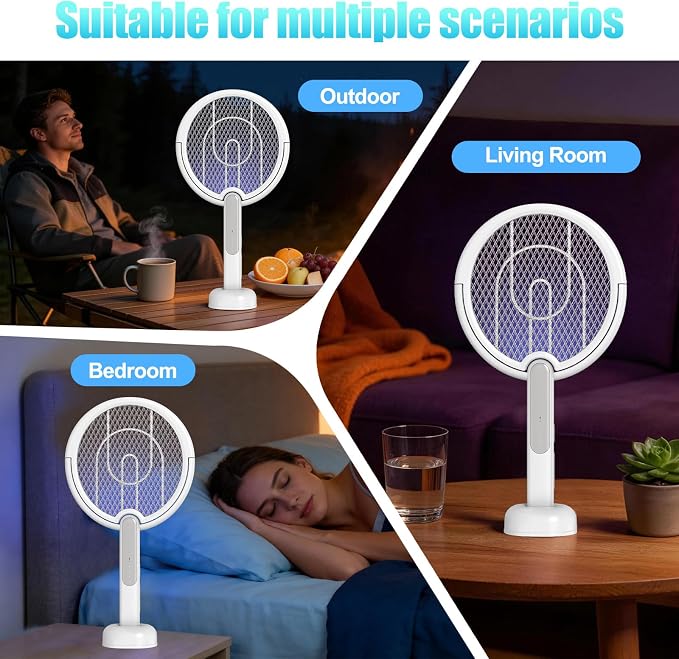 (2pack) Rotating Head Electric Fly Swatter Racket, Bug Zapper Indoor with Long Telescopic Extension 4000V USB Rechargeable Mosquito Zapper Killer with Charging Base, 3 Modes Automatic & Manual