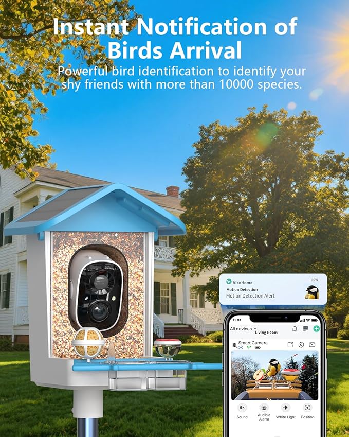 Bird Feeder with Camera, 2K Smart BirdCamera with Solar Powered, AI Identify Birds Species, Instant Arrival Alerts, 2.4Ghz WiFi Bird House for Outdoors, Ideal Gift for Family and Bird Lovers (Blue)