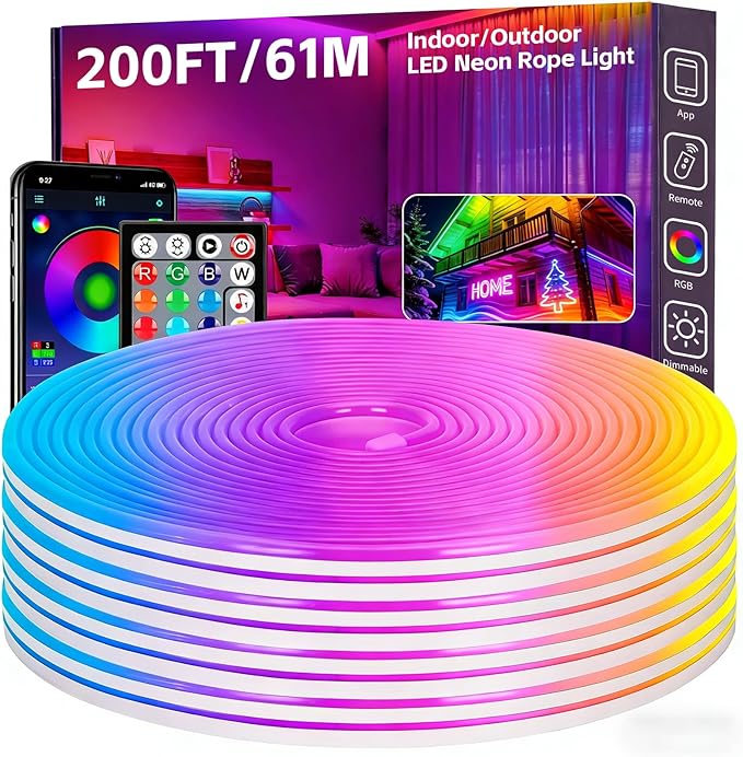200FT RGB LED Neon Rope Lights, App & Remote Control, Flexible Waterproof IP65 Led Strip Lights, Music Sync Color Changing Multiple Modes Neon Lights for Bedroom Gaming Room Indoor & Outdoor Decor