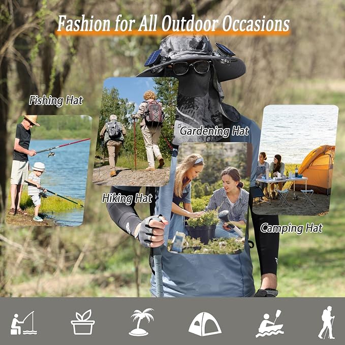 Wide Brim Solar Fan Hat for Men Women, 2026 3-in-1 Detachable Solar Powered Fan Hat, with Removable Neck Cap and Face Mask