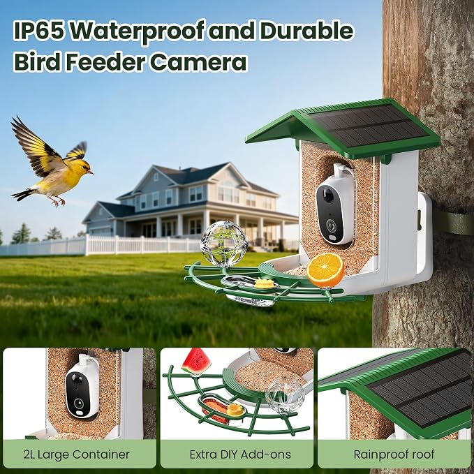 TECKNET Smart Bird Feeder with Camera, 2K UHD Video, AI Bird Species Identification, Instant Arrival Alerts, Solar Powered, Waterproof Birdhouse Camera, Gift for BirdLovers, Family, Green