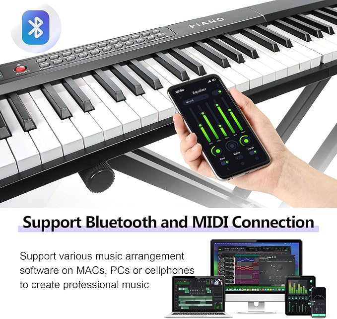 88 Key SEMI-Weighted Keyboard Piano For Beginners w/Stand, Teaching Mode | Corded Electric, MIDI, Bluetooth, 1000 Tones/Rhythms, 150 Demos, Sustain Pedal, Metronome, Sync, Chord, Dual Key, Key Drum
