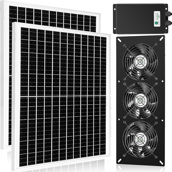 Fanspex Solar 3 Fan Kit with 66.6 Wh Battery Backup, 50W Solar Panel Powered Rechargeable Weatherproof Fans for Chicken Coop, Greenhouse & Shed