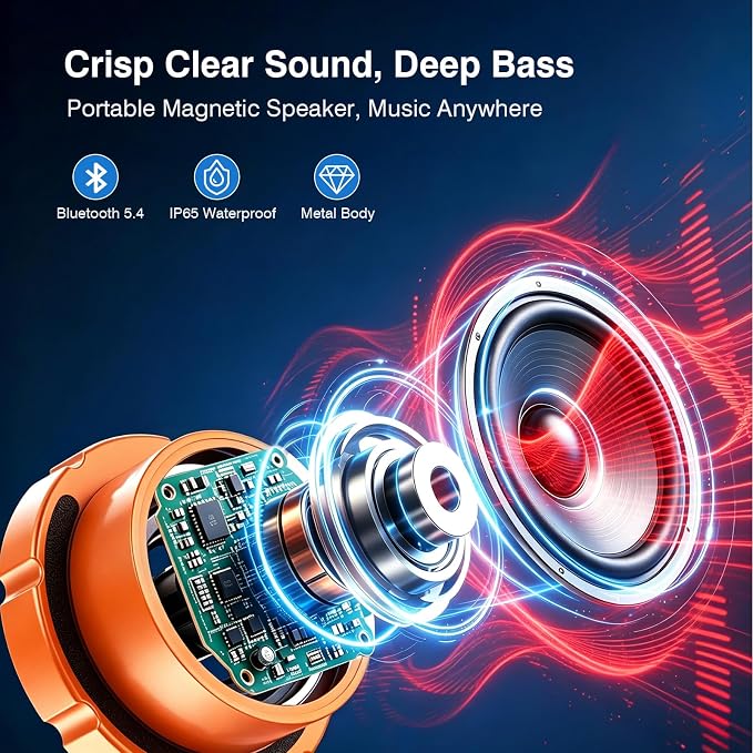 EWA Shower Speaker, Magnetic Portable Bluetooth Speaker with Phone Stand,Metal Portable Wireless Mini Speakers Waterproof with Rotary Control,for Bathroom Gym Home, Birthday Gifts (Orange)