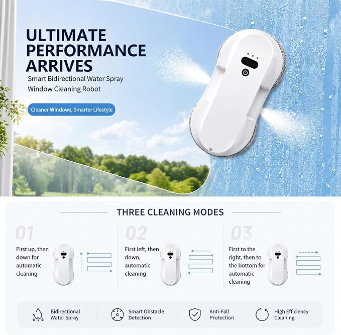 RINLAIN Window Cleaning Robot, 2026 Upgraded Robot Window Cleaner with 2700-3300Pa Variable Suction, Dual-Side Spray & Edge Detection for Glass Mirrors