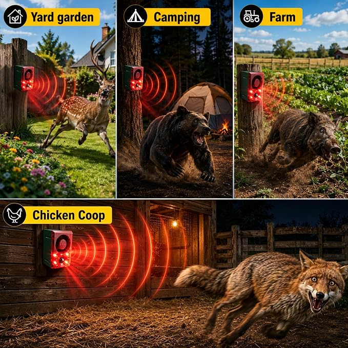 ChunHee Solar Outdoor Motion Sensor Alarm with Dog Barking Gunshot Sound, Support Recording and Adjustable Volume, 130db Loud Noise Maker 3 Work Modes Strobe Light for Home, Villa, Farm, Barn (6pack)