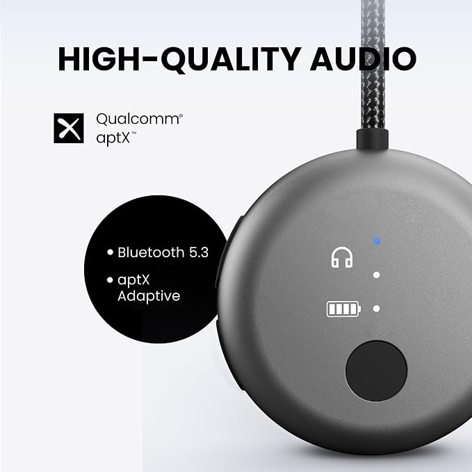 Avantree SoundJet R1 – 25Hr Airplane Bluetooth Adapter for All AirPods | Qualcomm Chipset & aptX Adaptive, Wireless Audio Transmitter for Flight Travel, Works with Bose & Other Headphones