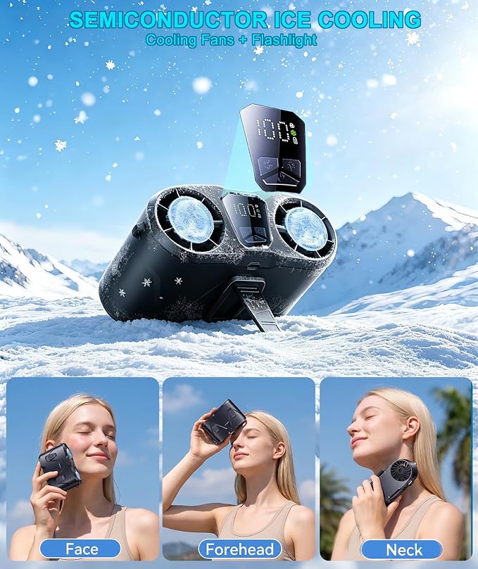 Portable Waist Fan with 2 Ice Cooling Plates & Flashlight, Personal Neck Belt Clip On Fan Dual Turbo 32000 RPM, Shirt Fans Air Conditioner 10000mAh Rechargeable, 100 Speeds for Outdoor Travel Jobsite
