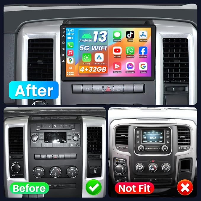8Core 4G+32G ROM Upgrade Car Radio for Dodge RAM 1500 2500 3500 2009-2012: 10 Inch 1280 * 800 IPS Touchscreen Wireless CarPlay Android Auto 5G WiFi Bluetooth GPS 1080P Backup Camera FM DSP