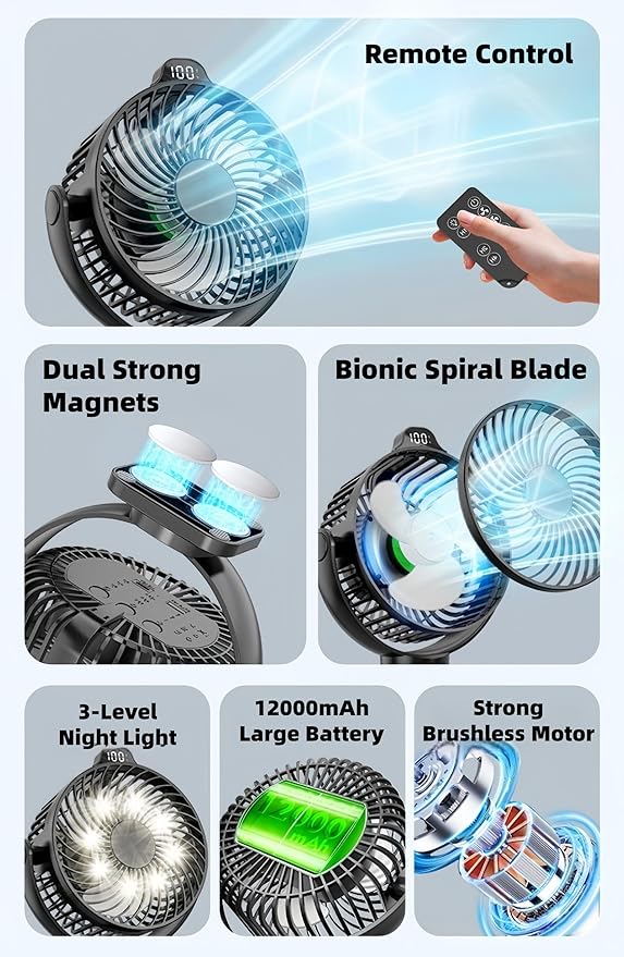Magnetic Cruise Approved Fan with LED Display, 12000mAH Battery Operated Fan, Timer & Light, Fits for Cruise Ship Cabin, Sleeping, Camping, Travel & Cruise Essentials 2026