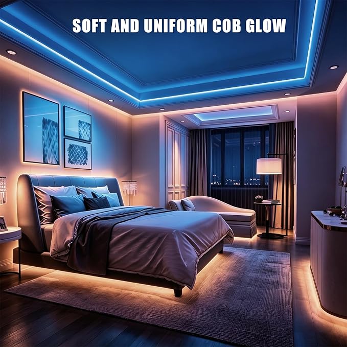 6.56ft Bluetooth RGB COB Led Strip Light, Color Changing with App, Music Sync COB Led Light Strip, Bright Flexible Multicolor Led Strip Light for Kitchen, Room, Party Decoration