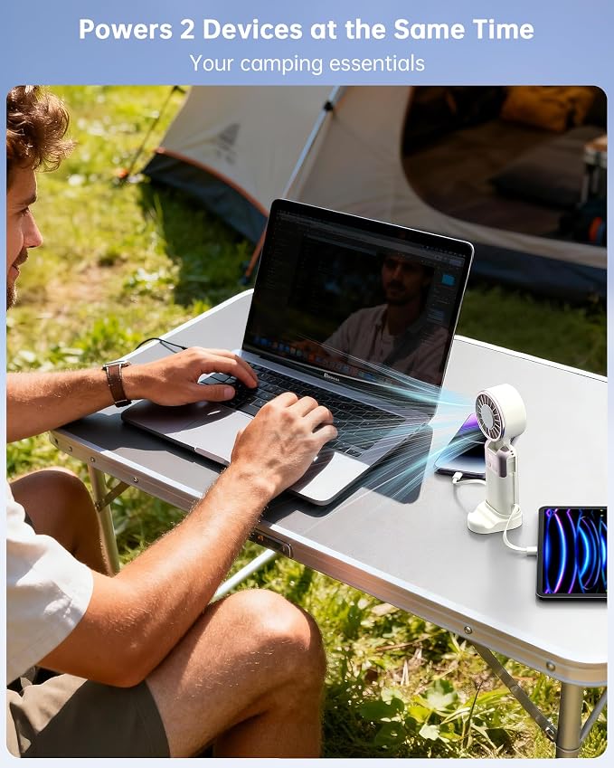 Portable Handheld Personal Fan with USB-C & iOS Cables 5V/2.4A Fast Charging for Cellphone/Tablet, 20H Cooling Time, Foldable Design with Phone Stand for Camping Travel Outdoor (1, Beige)