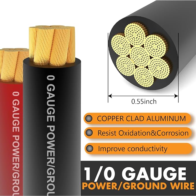 Jeemiter 0 Gauge Wire Copper Clad Aluminum (20ft Each - Red/Black),1/0 Battery Cable,20Pcs Lug Terminal Connectors with 3:1Heat Shrink Tubing for Car Audio Speaker,Solar,Auto,Amp,RV & Marine