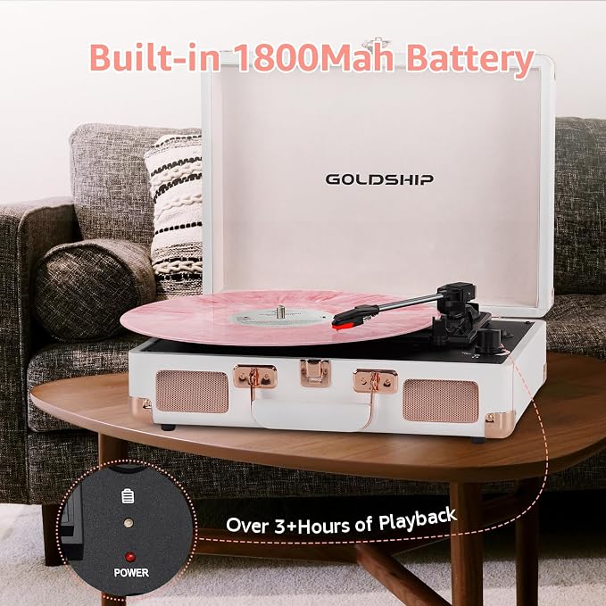 Portable Record Player with Bluetooth, 3-Speed Vinyl Turntable with Built-in Battery, Suitcase Design, Headphone Jack, RCA & Aux Connectivity for Indoor & Outdoor Listening