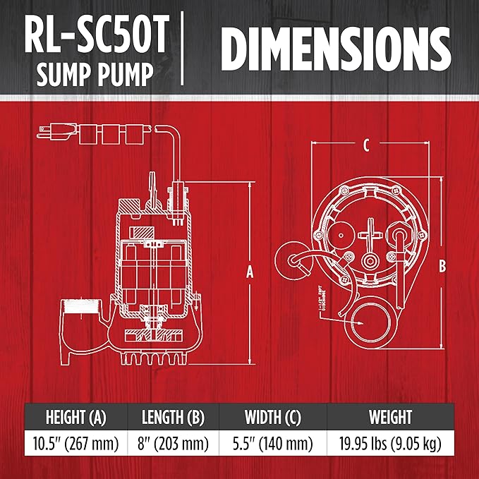 Red Lion RL-SC50T 115-Volt, 1/2 HP, 4300 GPH Cast Iron Sump Pump with Tethered Float Switch, 10-Ft. Cord, Red, 14942746