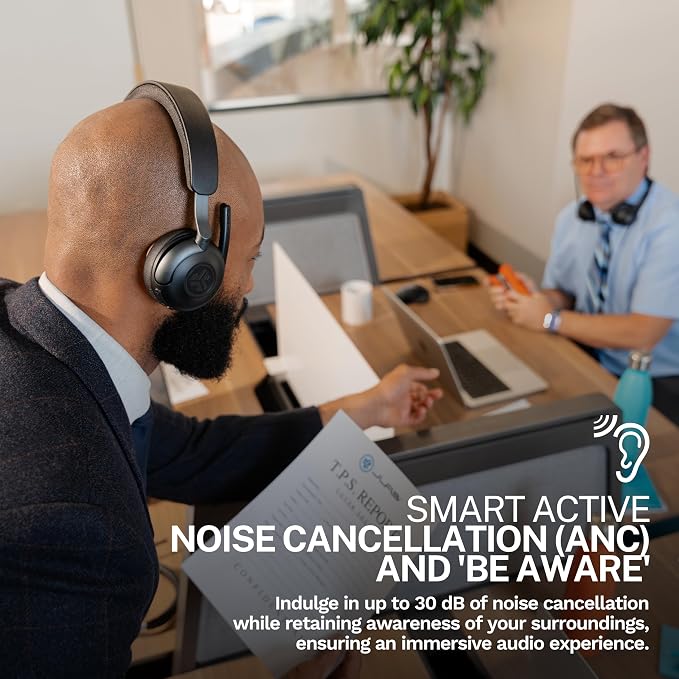 JLab Epic Work ANC Wireless on-Ear Headset with Microphone, smart Noise Cancellation, multipoint Connect, Charging hub, Black