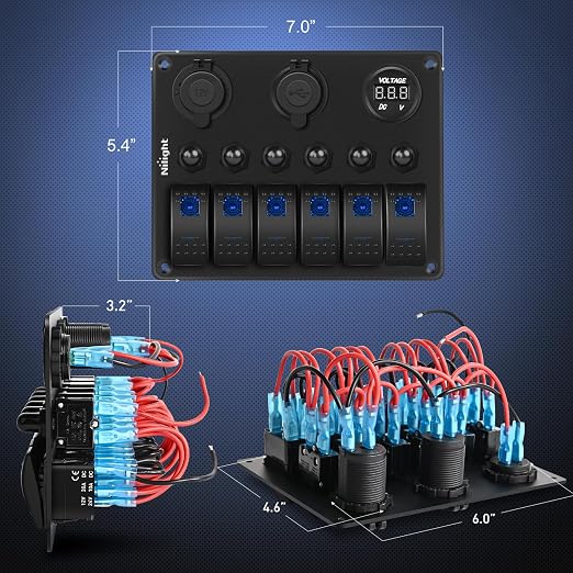 Nilight 6 Gang Rocker Switch Panel Waterproof Pre-Wired Aluminum Panels with PD Type C and USB Cigarette Lighter Socket Voltmeter 12V 24V ON Off Switches for Car Trucks Boats RVs