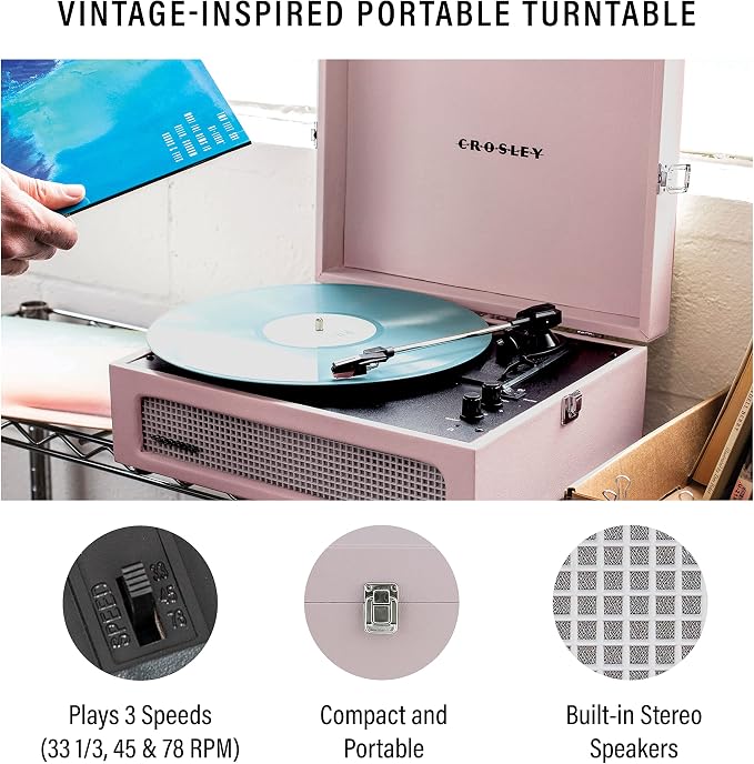 Crosley CR8017B-AM Voyager Vintage Portable Vinyl Record Player Turntable with Bluetooth in/Out and Built-in Speakers, Amethyst
