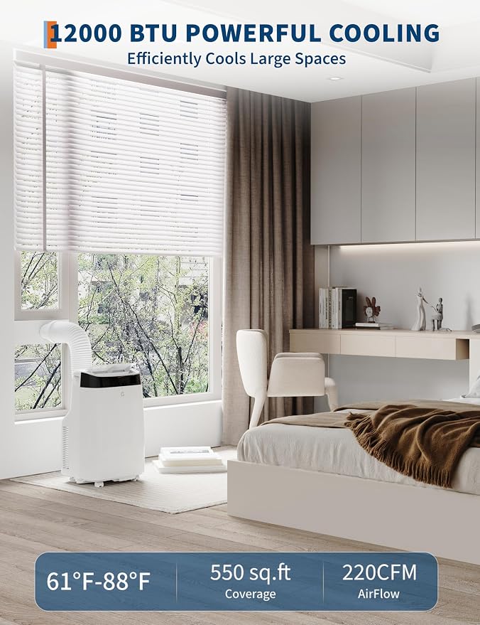 GarveeLife Portable Air Conditioner,12,000 BTU for Rooms up to 550 Sq.Ft., Smart Compact AC Unit with Cooling, Dehumidifier, Fan, Remote Control and Window Kit, White