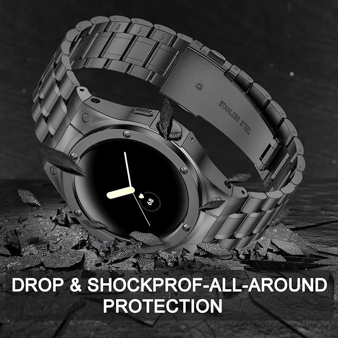 SUPLINK Metal Case and Bands Compatible with Google Pixel Watch Bands/2/3 Band 41mm Men,Stainless Steel Protective Rugged Case Wristbands for Pixel Watch 2 Band Accessor, Space Gray