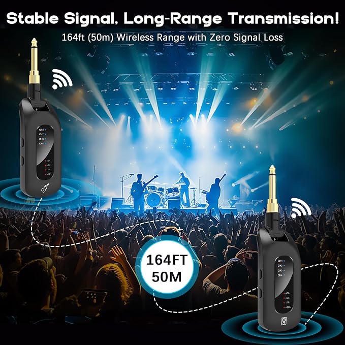 5.8GHz Wireless Guitar Audio System - Rechargeable Transmitter and Receiver with 4 Channels, Low Latency and Over 164ft Long Range Transmission, Compatible Guitar Bass Electric Instruments
