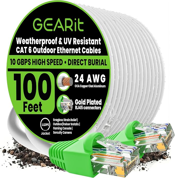 GEARit RJ45 Cat-6 Ethernet Patch Cable, 10Gpbs Transfer Speed, Gold-Plated Connectors, Copper Clad, Outdoor, UV Resistant, Direct Burial, Waterproof, Durable, 100 Foot (30.4 Meters), White
