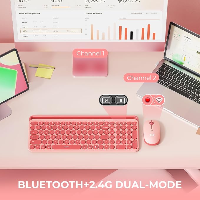 seenda Bluetooth Keyboard and Mouse for iPad, CTU-301 Wireless Multi-Device Connection Bluetooth+2.4G Keyboard Mouse Combo with Tablet Holder for iPad/MacBook/Windows, iOS/Android/Phone, Coral Pink