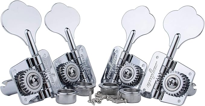 Guyker Bass Tuners (2R + 2L) - 1:20 Ratio Open Gear Tuning Key Pegs Machine Head Replacement for Electric Jazz Guitar Bass or Precision Instruments - GK530 Chrome