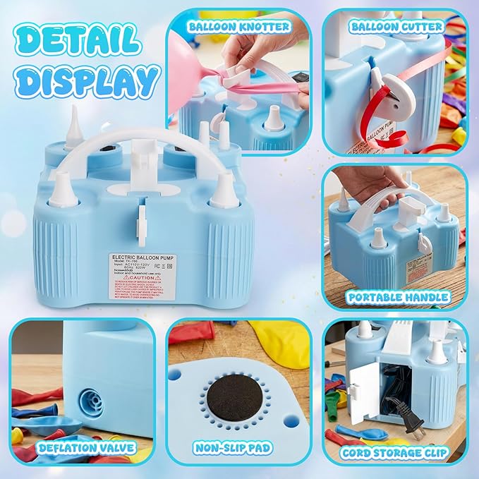4-in-1 Electric Balloon Pump for All Balloons, Portable Triple Inflating Ports Air Pump, 600W High Power Balloon Blower for Latex Foil 260q Mylar Balloon, Air Beds Pool Float Sports Balls