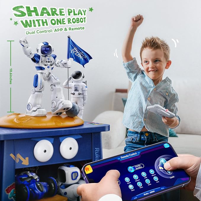 Ruko 6088 Robot Toys for kids, Programmable Remote Gesture Sensing & APP Control, Interactive LED Face, Dancing Singing Rechargeable Smart Robot, Birthday Present for Age 3-6 Year Old Boys Girls, Blue