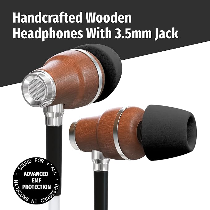 Symphonized 3.5mm Jack Airtube Headphones EMF Free - Wooden Safe Air Tube Earphones with Mic & Volume Control, Corded Ear Buds Wired Earbuds with Microphone for Computer, Laptop & Phone with Aux Cord