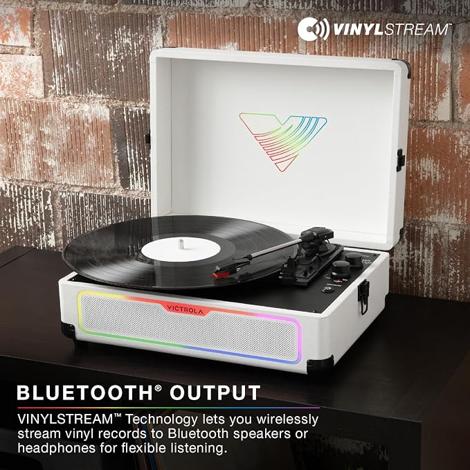 Victrola Journey Glow – Illuminated Suitcase Record Player – 18 RGB Light Effects, Stereo Speakers with Enhanced Bass, Bluetooth Streaming, (White)