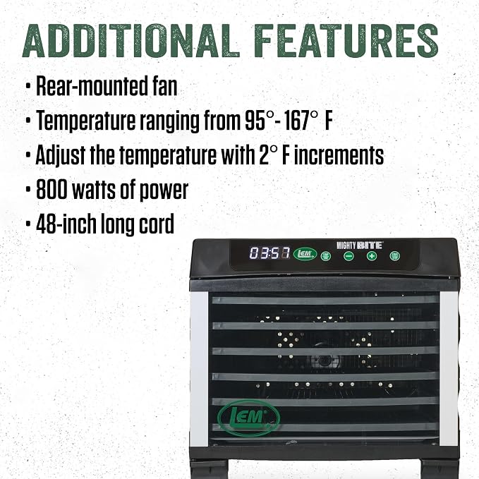 LEM Products MightyBite 6-Tray Dehydrator, Food Dehydrator for Beef Jerky, Meat, Vegetables, and Fruits, Includes Dryer Machine and 6 Trays, Black
