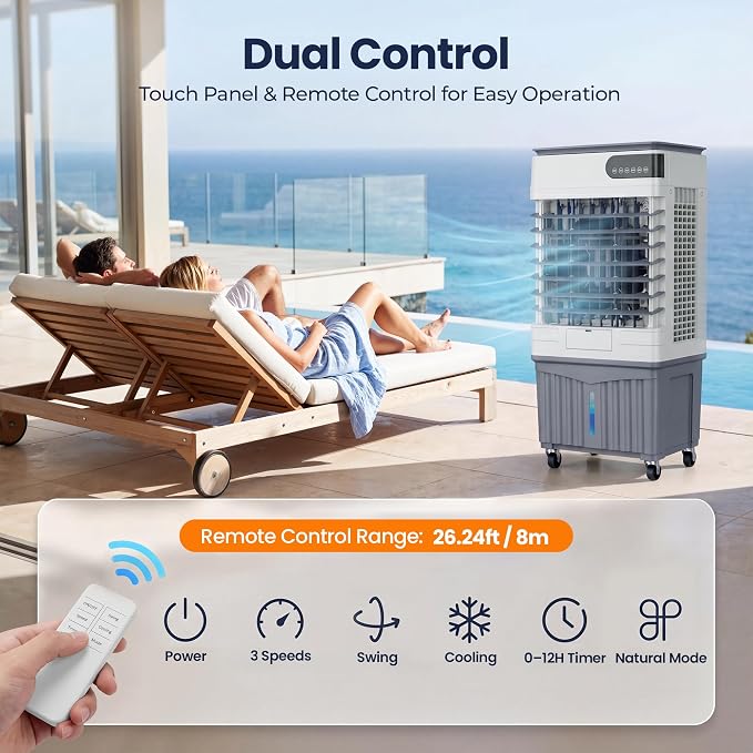 3600 CFM Swamp Cooler, Portable Evaporative Air Cooler with 13.5 Gal Water Tank, 4 Ice Packs, 120° Oscillation, 3 Speeds, 12H Timer, Remote Cooling Fan for Garage Patio,Large Room