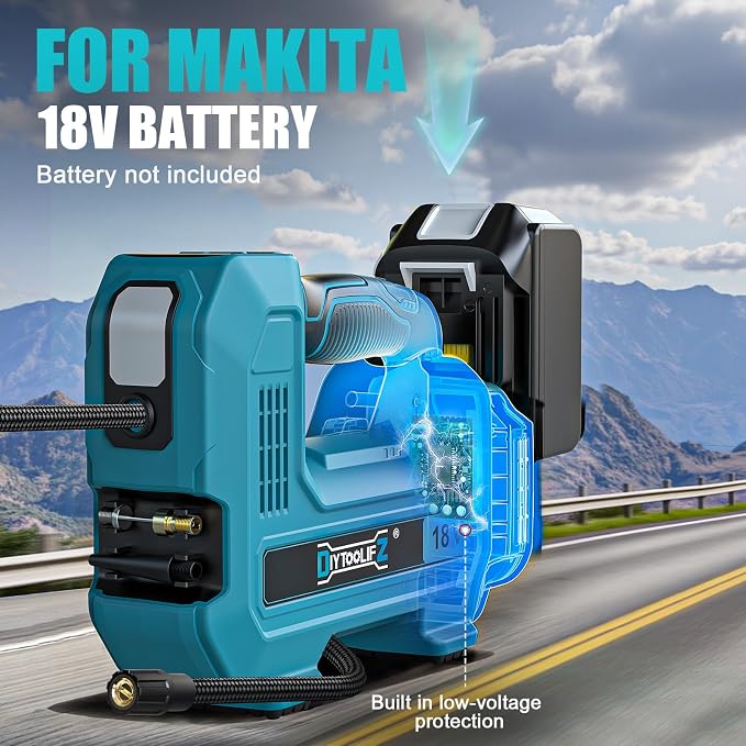 DIYtoolifz 160PSI Cordless Tire Inflator Compatible with Makita 18V Air Compressor, Portable Air Pump Automatic Shut Off, LED Light, Digital Pressure Gauge for Cars Motorcycles Bike Ball (Tool Only)