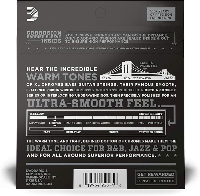 D'Addario XL Chromes Flat Wound Bass Guitar Strings - ECB81-5 - 5 String - Long Scale - Regular Light, 45-132