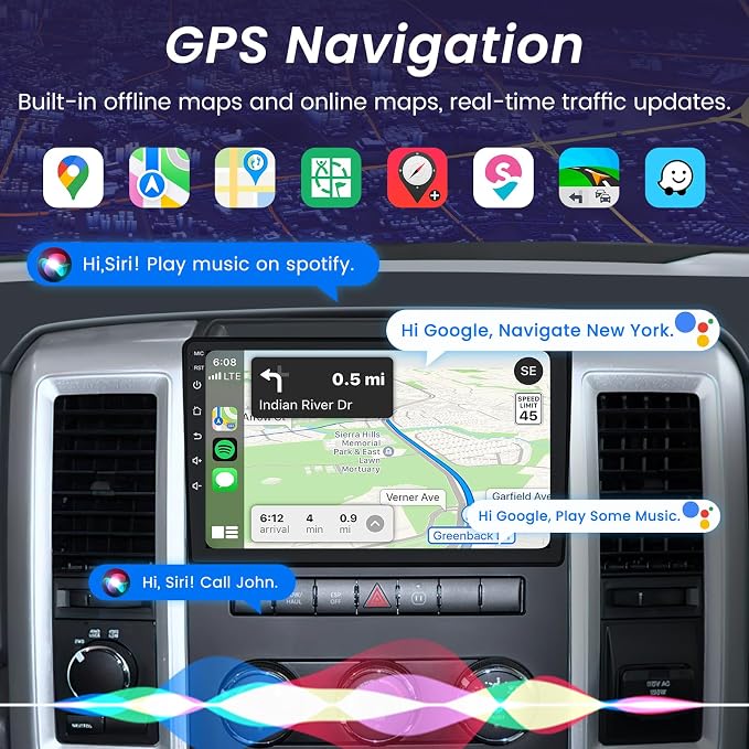 4core 2+64G Car Stereo for Dodge Ram 1500 2500 3500 Radio 2009-2012: 10.1 Inch 1280x800 Touchscreen Upgrade Bluetooth 5.0 Wireless CarPlay/Android Auto 5G WiFi GPS FM/RDS 1080P Backup Camera