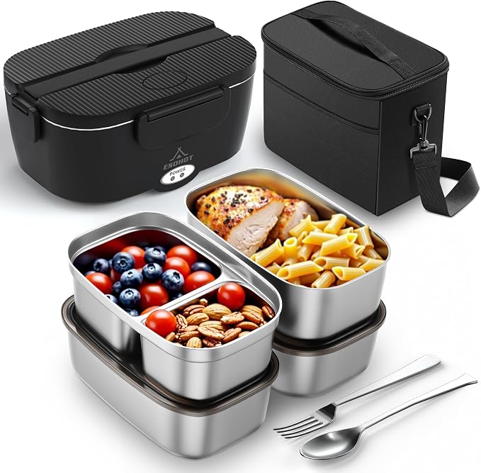 Heated Lunch Box,120W Electric Lunch Box for Adults with 1.5L 304 Stainless Steel Container, 12V/24V/110V Lonchera Eléctrica Portátil for Travel,Work,Car,Truck (Pure Black, 1.5L x 4)